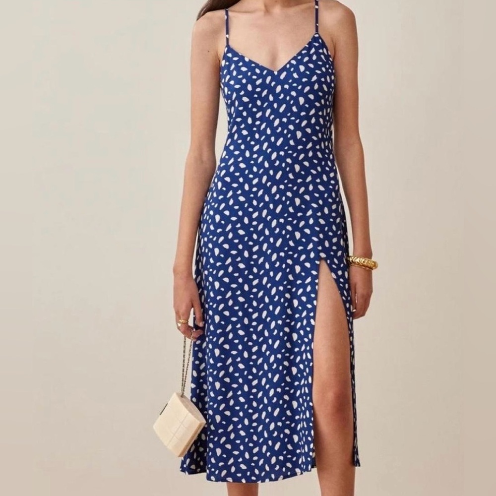 Reformation Blue and White Spotted Slip Maxi Dress with Thigh Slit